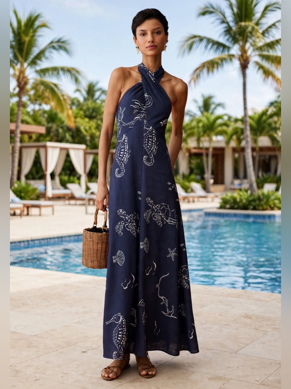 ANAYA Oceana Dress Navy Halter Maxi Dress with Sea Life Print Sz 2
